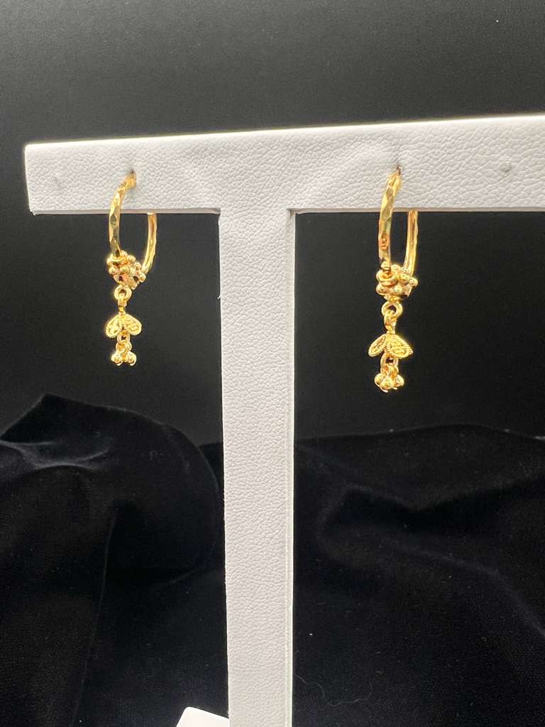 22KT Gold Hoop Earrings with Leaf Charm Drop 2.7GM