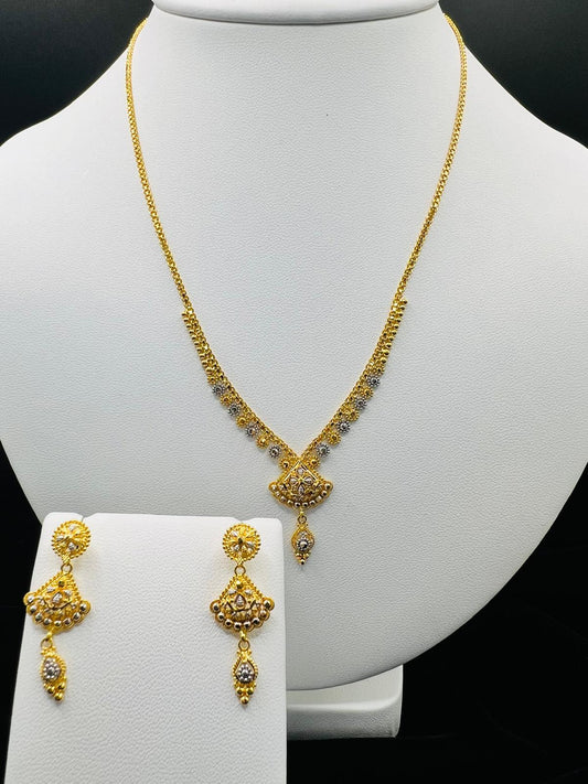 22KT Two-Tone Floral Pendant Set with Matching Earrings