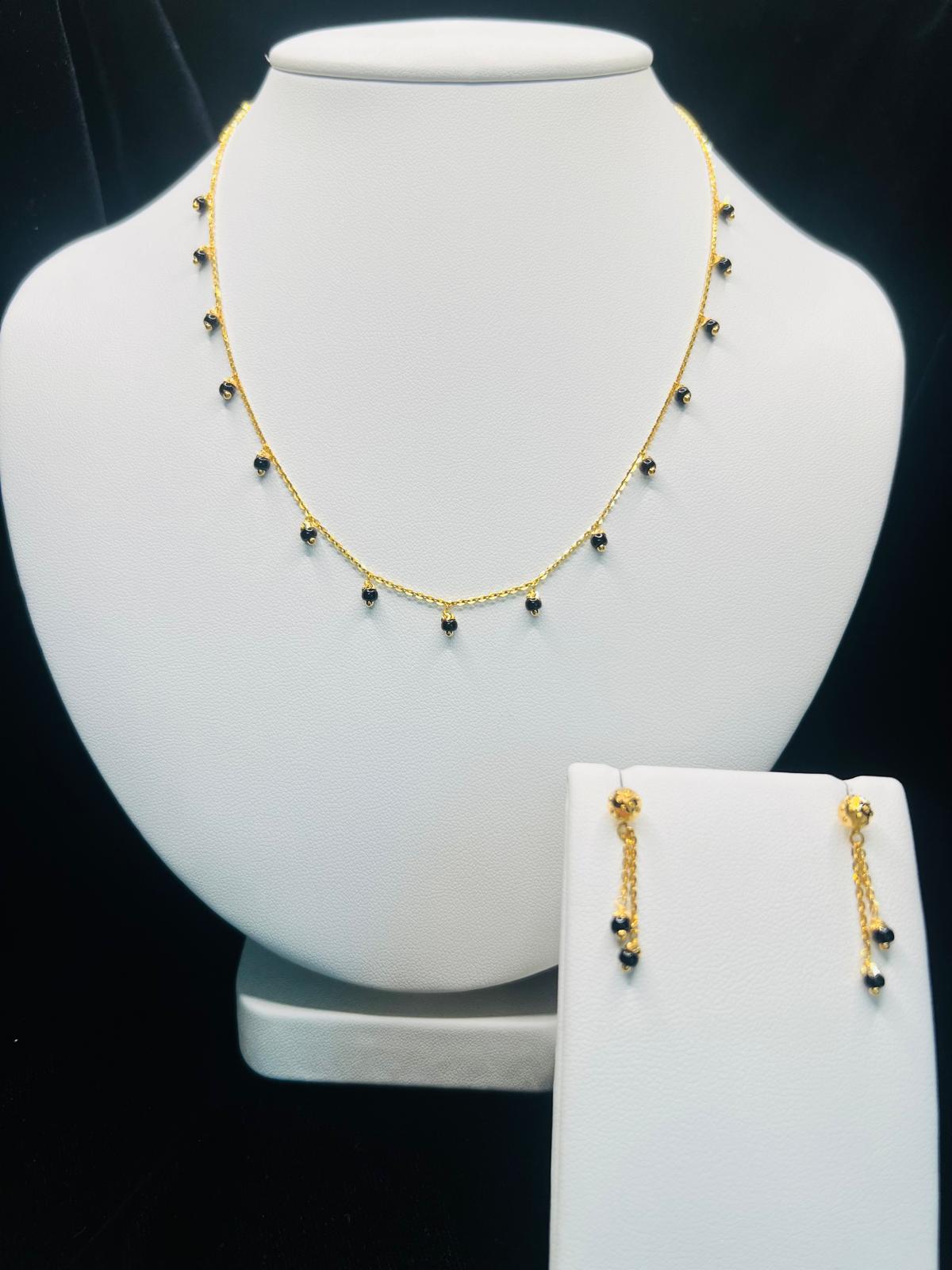 22KT Gold Black Bead Drop Necklace & Earrings Set 5.9gm
