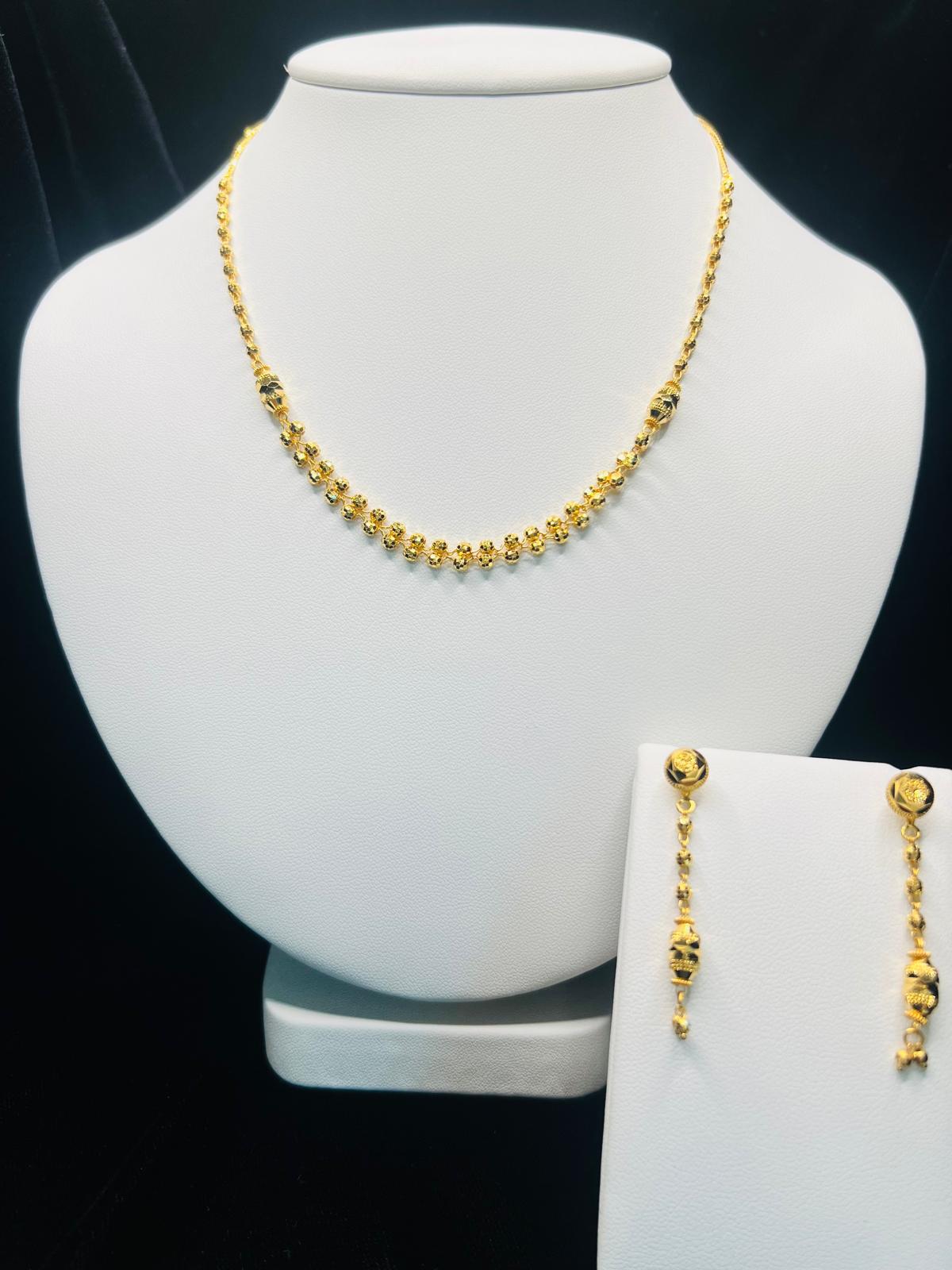 22KT Gold Beaded Necklace & Drop Earrings Set 12.9gm