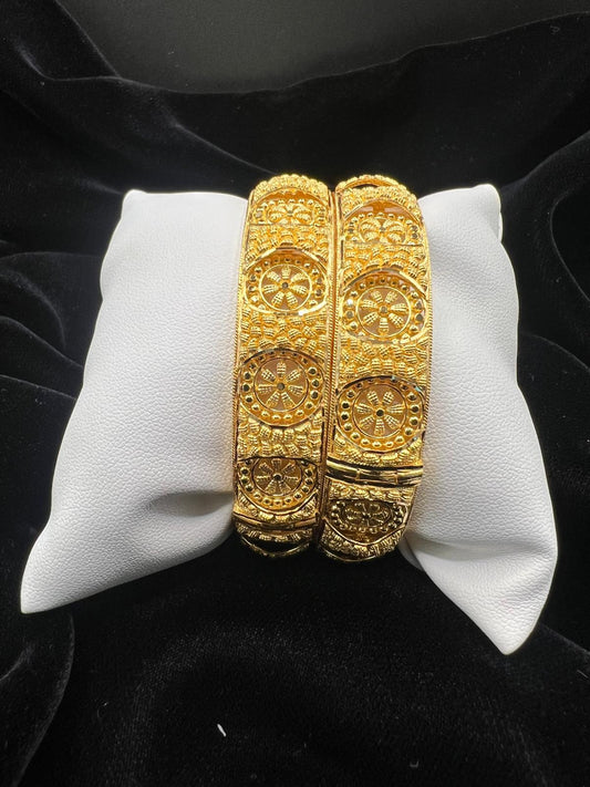 22KT Gold Wide Floral Medallion Bangles 25.75gm (each)