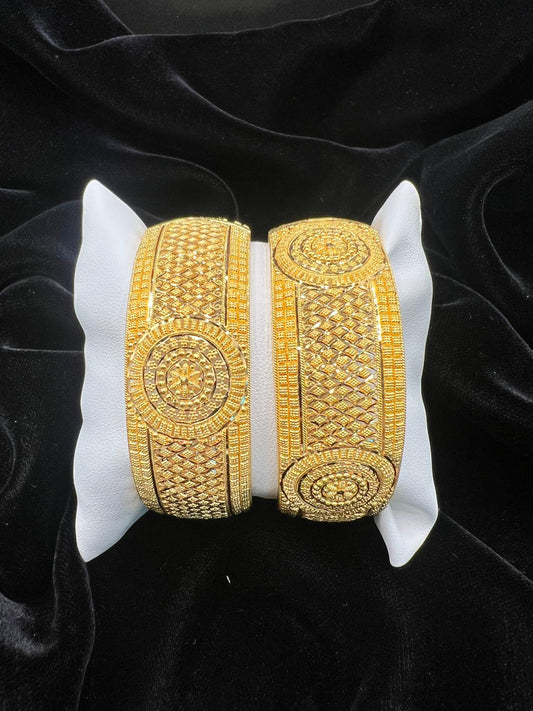 22KT Gold Wide Lattice Medallion Bangles 38gm (each)