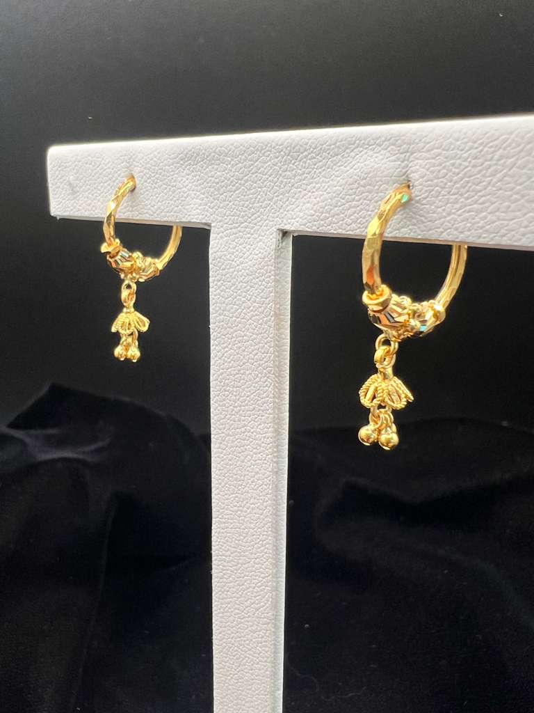 22KT Gold Hoop Earrings with Charm Drop 2.7GM