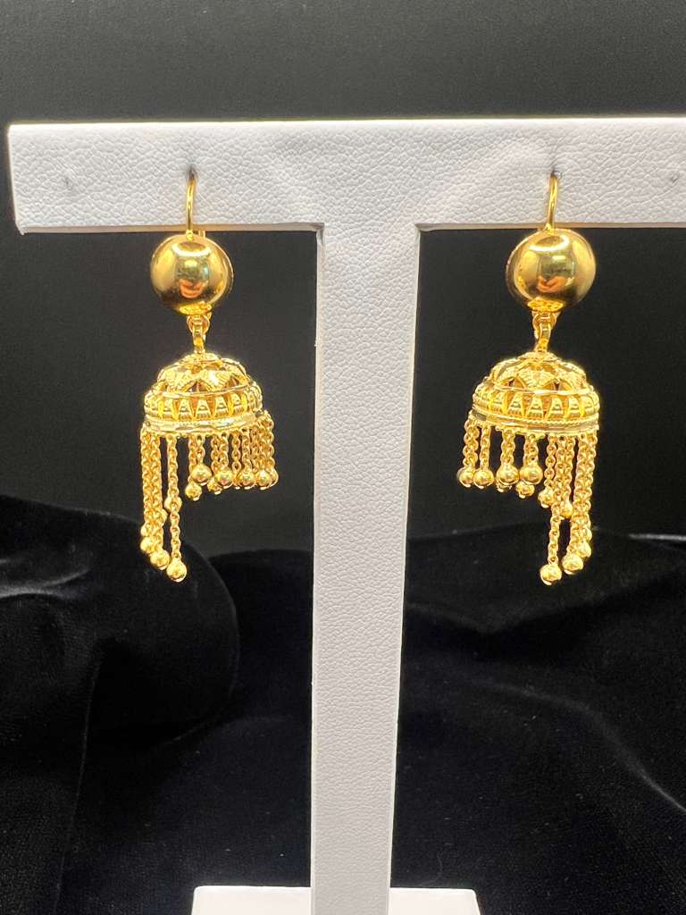 22KT Gold Jhumka Earrings with Hanging Beads 8.67GM