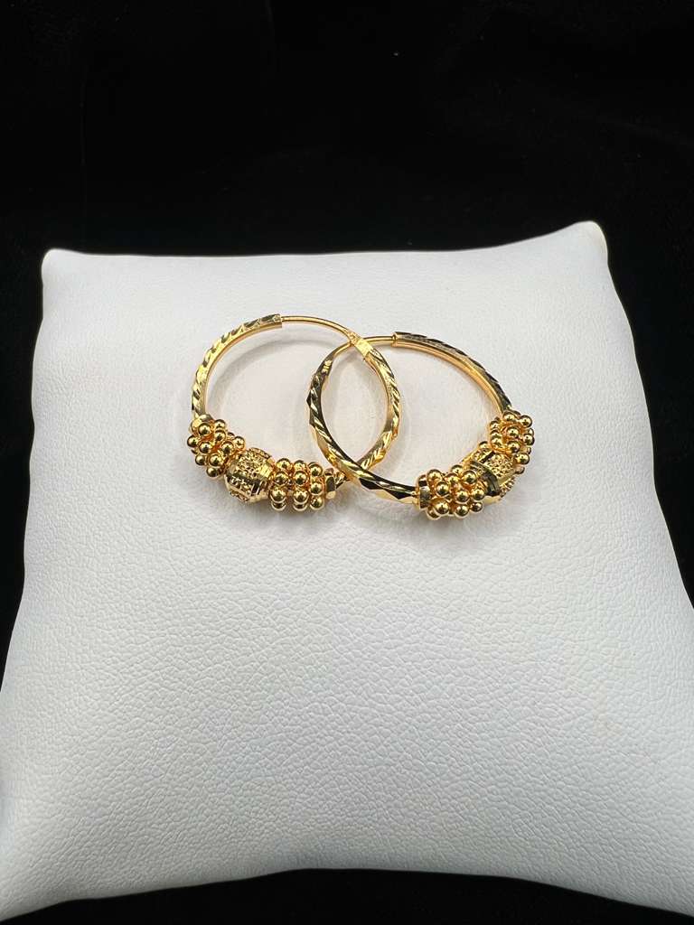 22KT Gold Hoop Earrings with Floral Accents 4.1gm
