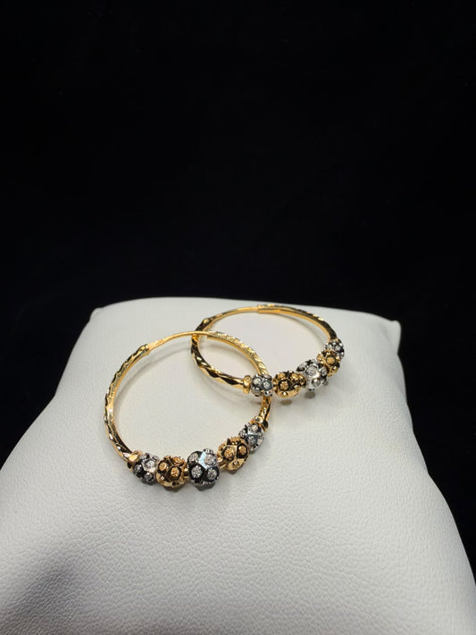 22KT Two-Tone Floral Bead Hoop Earrings 4gm