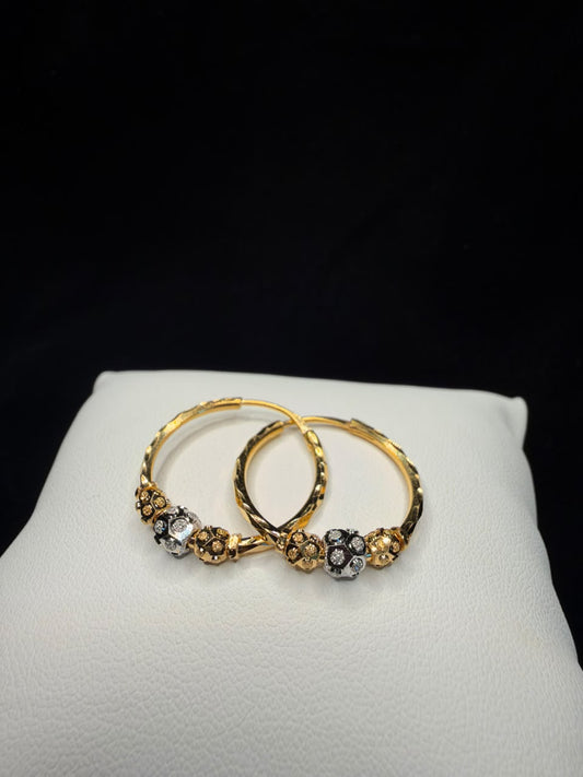 22KT Two-Tone Floral Bead Hoop Earrings 2.8gm