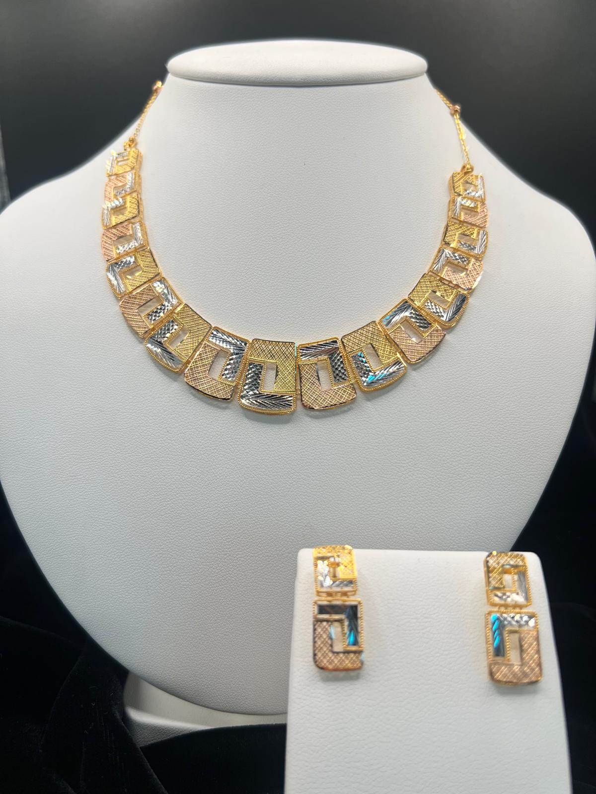 22KT Tri-Tone Geometric Necklace & Earrings Set 17.9gm