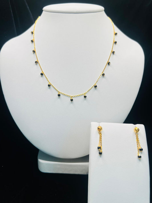 22KT Gold Black Bead Drop Necklace & Earrings Set 5.9gm
