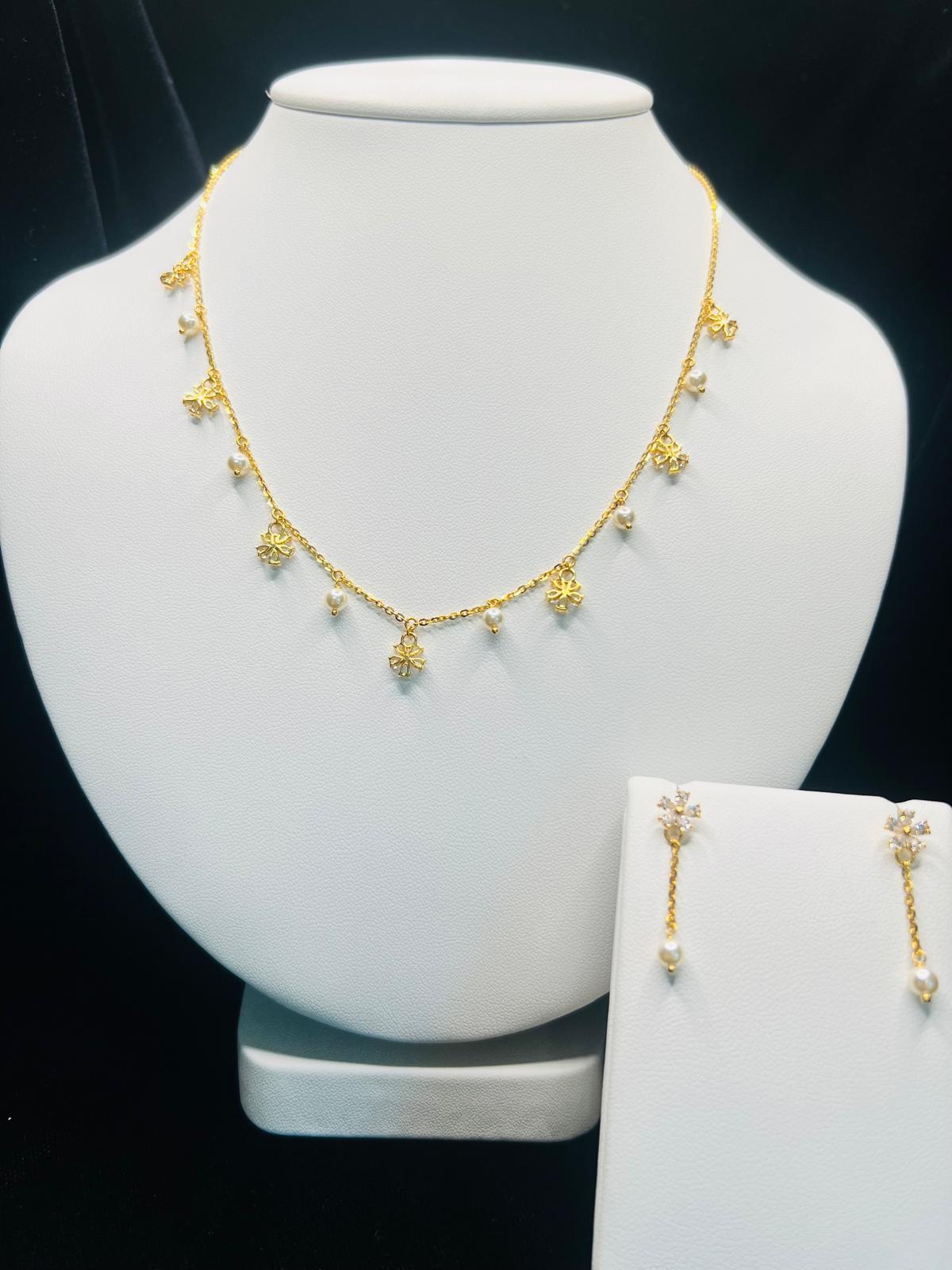 22KT Gold Floral & Pearl Drop Necklace Set 9.6gm