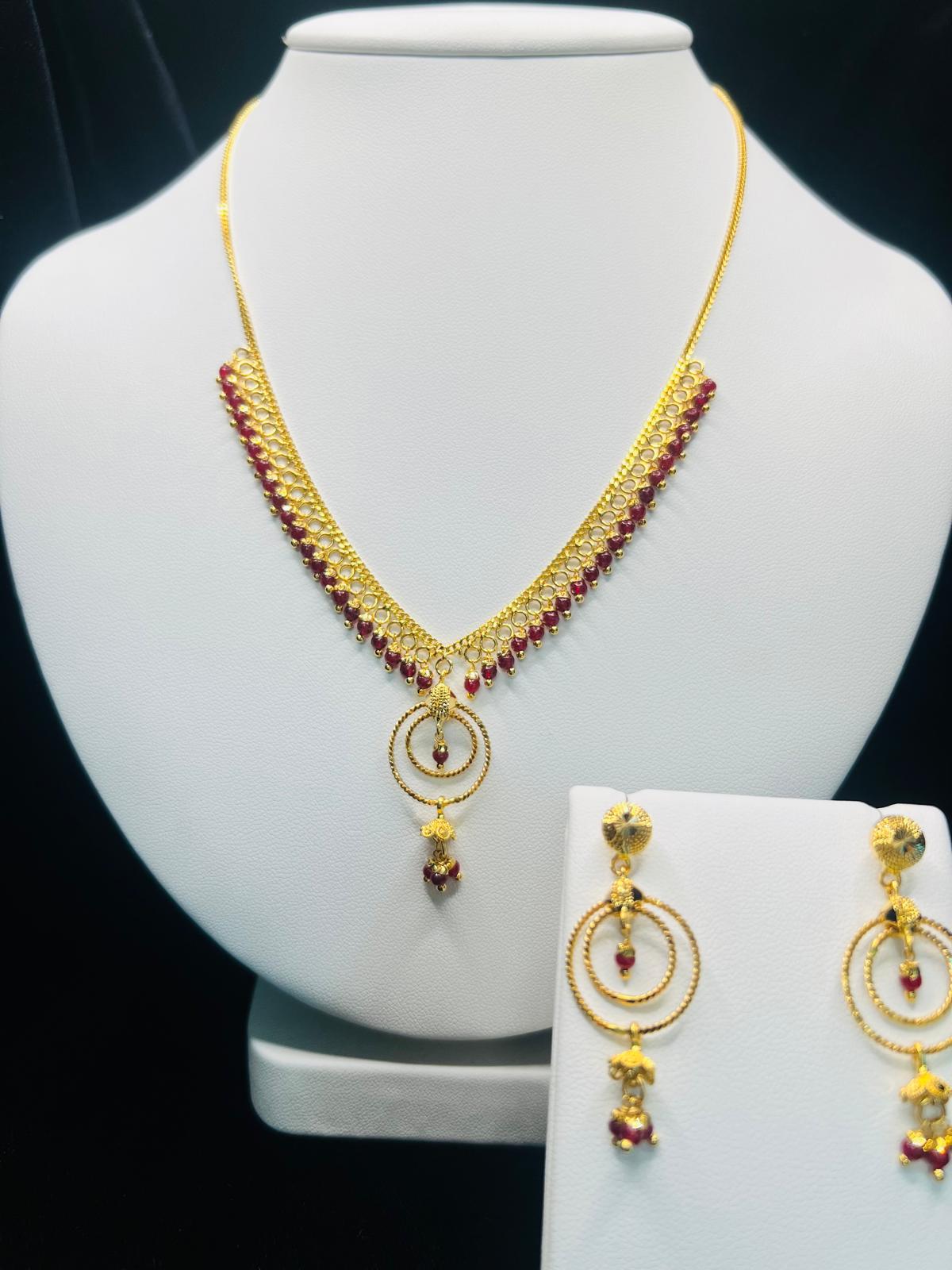 22KT Gold Red Bead Circle Drop Necklace & Earrings Set 22.6gm