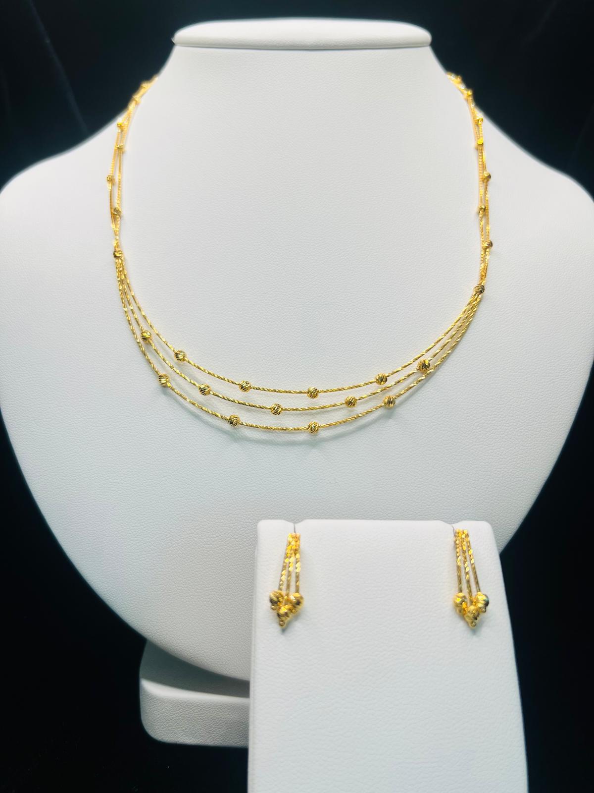 22KT Gold Triple-Layer Beaded Necklace & Earrings Set 11.5gm
