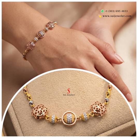 22kt Tri Color Gold Station Bracelet 7.7GM