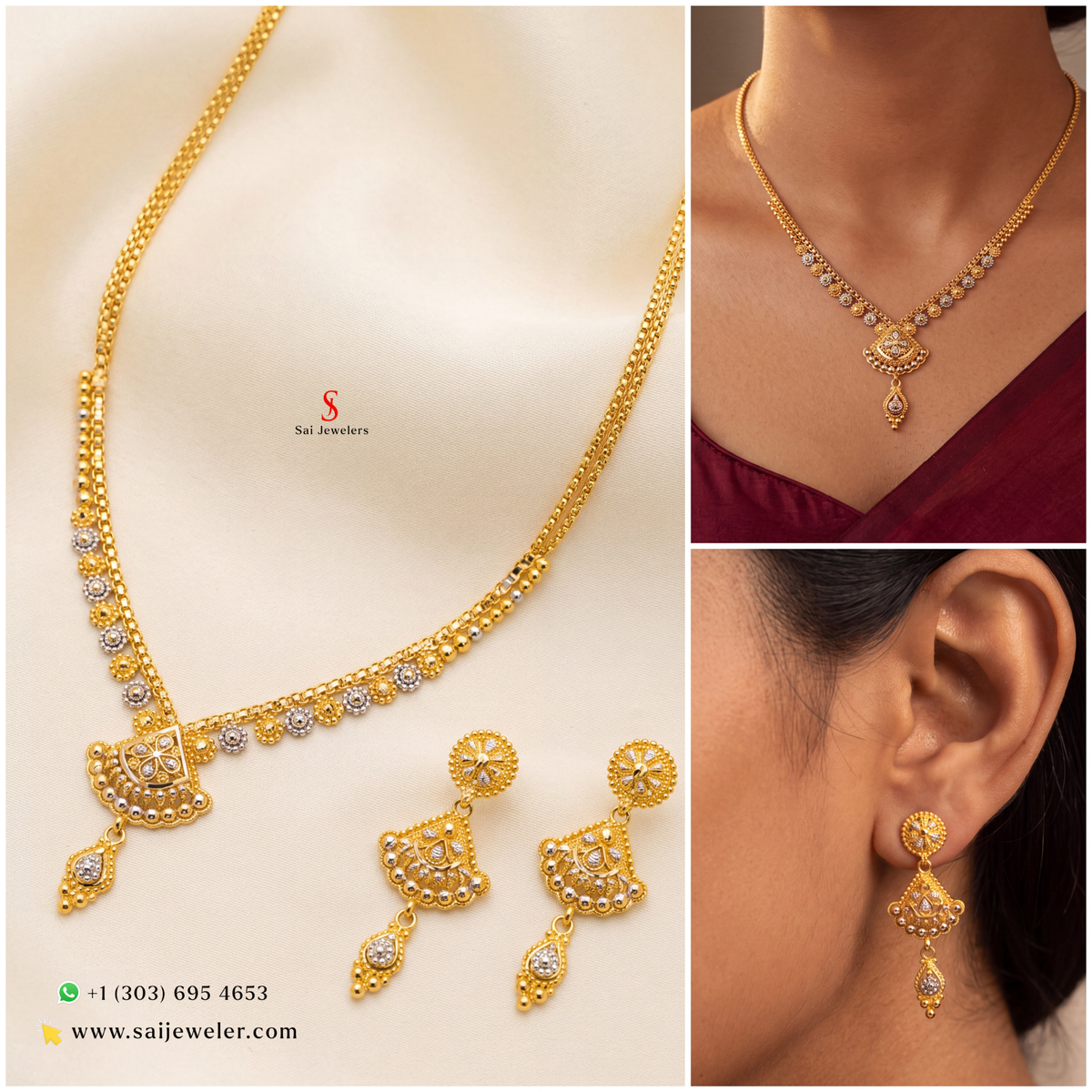 22KT Two-Tone Floral Pendant Set with Matching Earrings