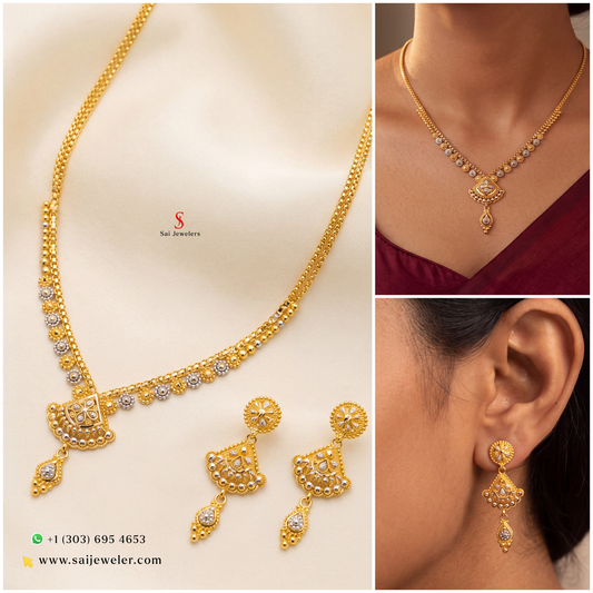 22KT Two-Tone Floral Pendant Set with Matching Earrings