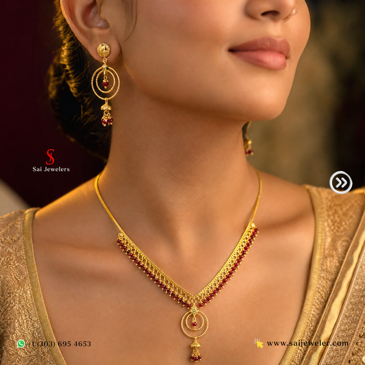 22KT Gold Red Bead Circle Drop Necklace & Earrings Set 22.6gm