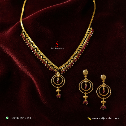 22KT Gold Red Bead Circle Drop Necklace & Earrings Set 22.6gm